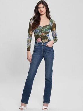Guess Olive Green Sheer Floral Mesh Blouse with Pink and Blue Flowers